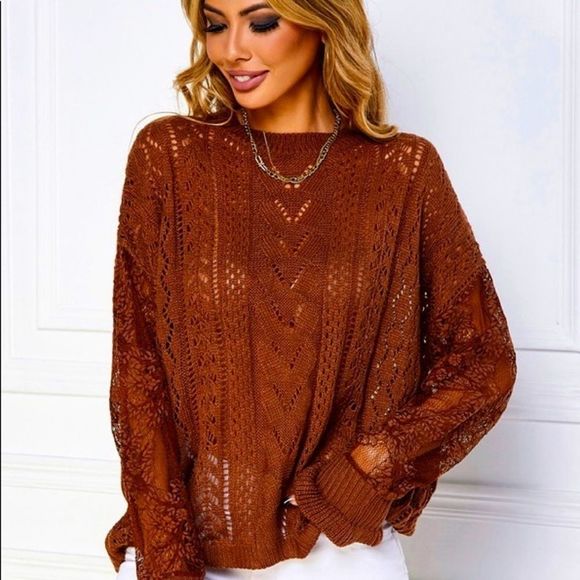 NWT! CONTRAST LACE POINTELLE KNIT DROP SHOULDER SWEATER IN RUST! - Picture 5 of 12